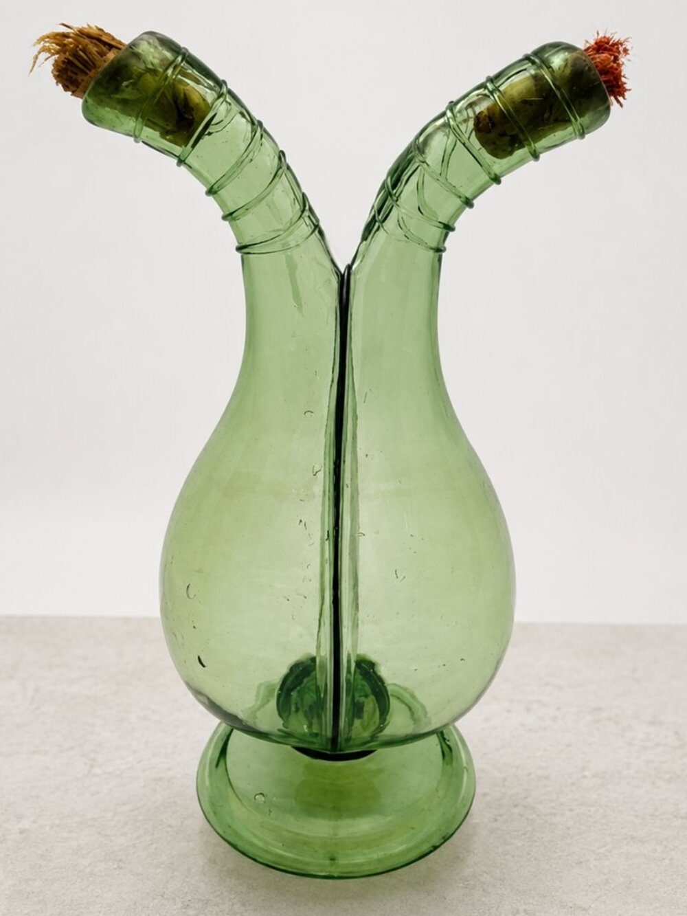 Scarce Hand Blown Pontiled Green Gemel Double Neck Bottle Rigaree 7.5" Antique